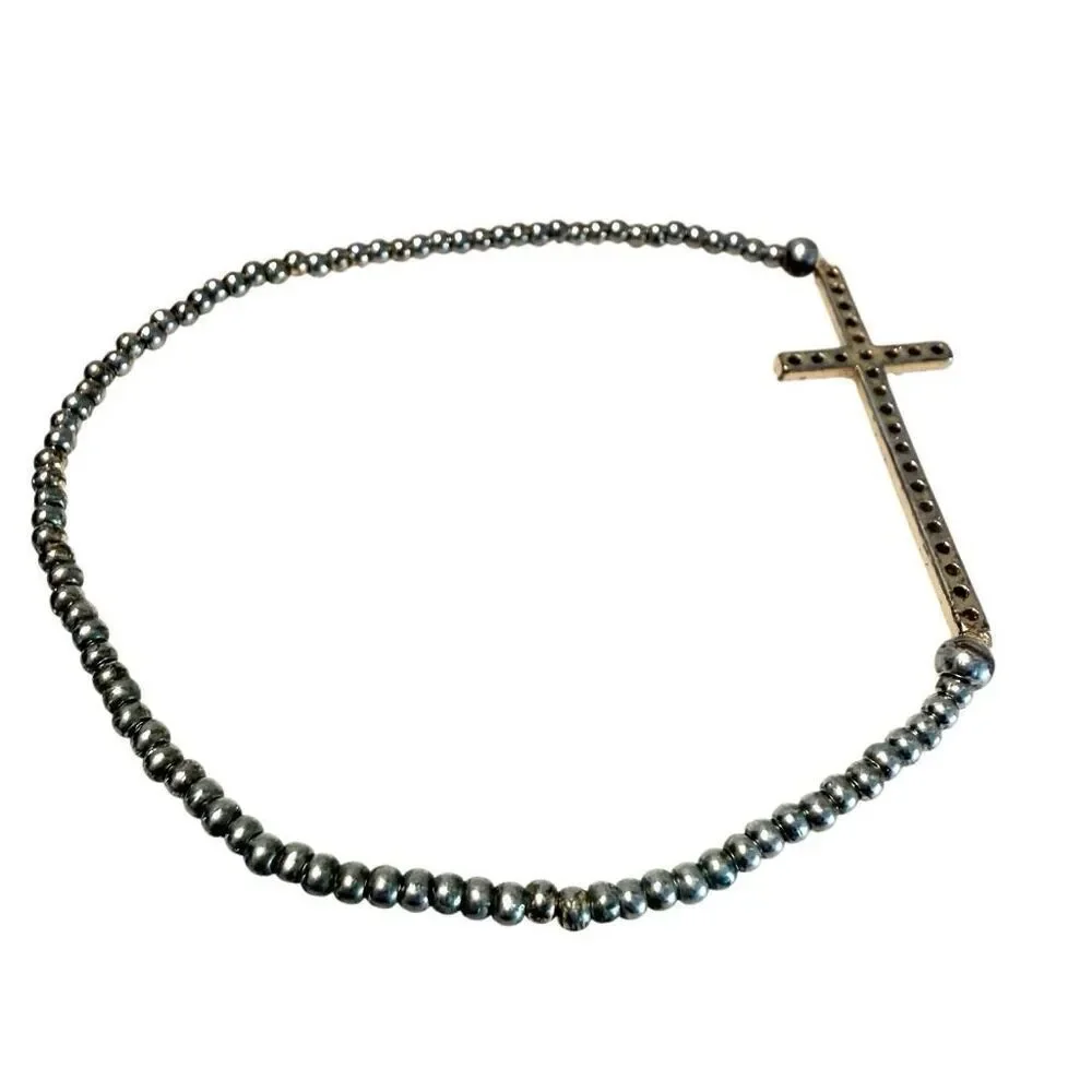Minimalist Rhinestone Cross Beaded Bracelet Silver-tone Stretch Bracelet